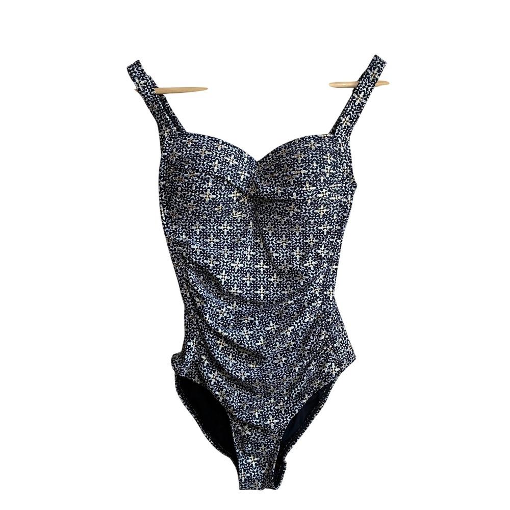 Nip Tuck Swim Ruched One Piece Swimsuit 4 Black White Gold Women Geometric Print